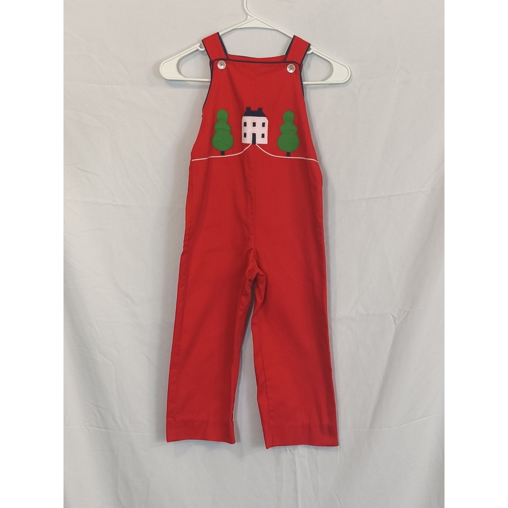 Vtg red jonjon Longalls Overalls Size 6 Boys Cottage Applique Southern Classic‎